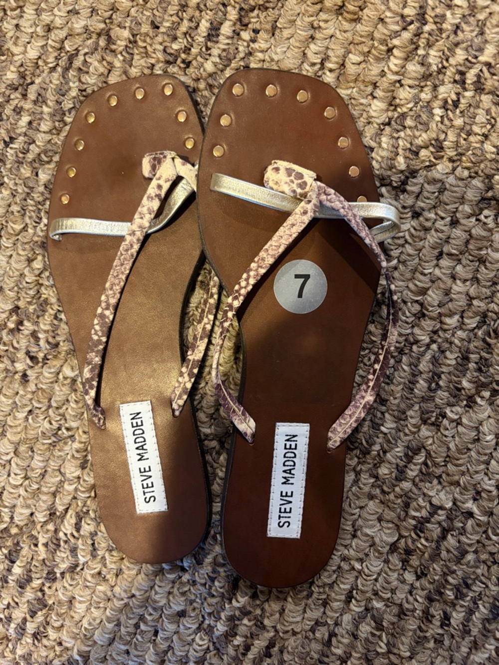 Steve Madden Brown Snake-Print Thong Sandals with Gold Accent